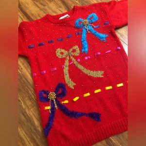 Fun & festive holiday sweater with ribbons